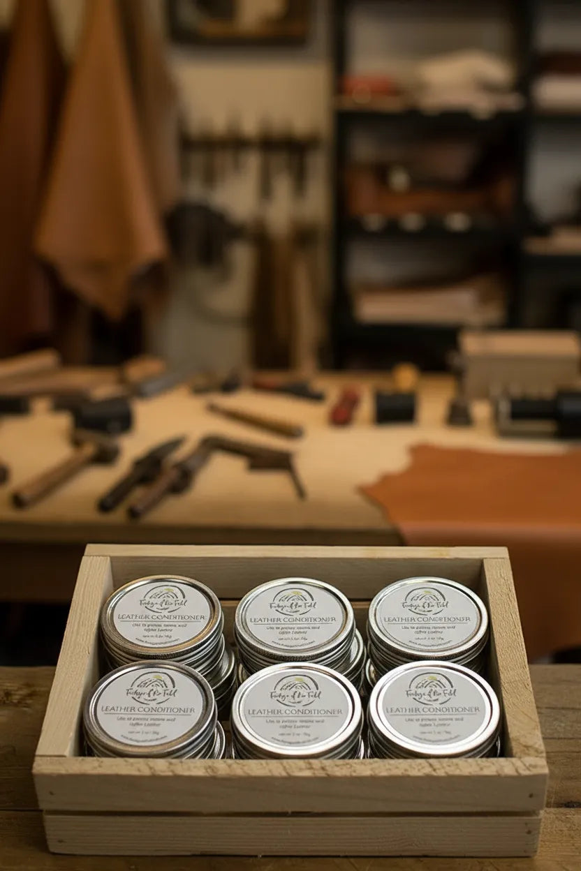 A case of leather conditioner made by fruitage of the field with a leather shop in the background