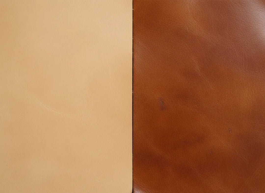 image of natural veg tan leather side by side with leather that has patina over time
