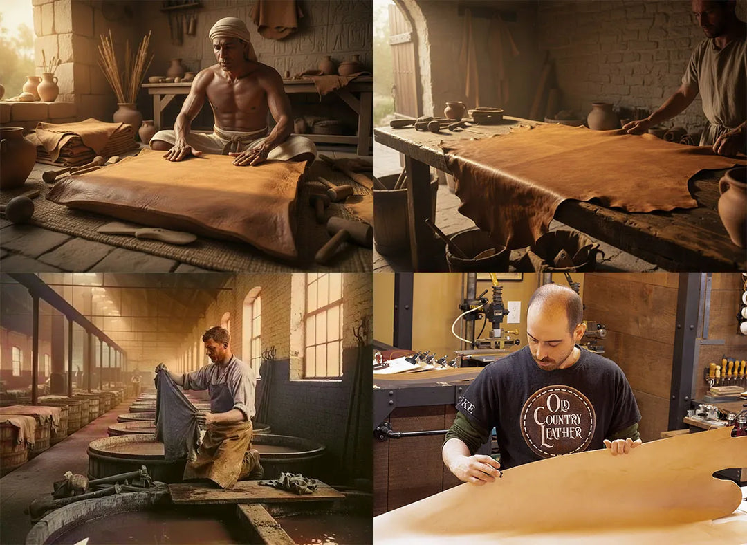 4 men working with leather in different historical time periods