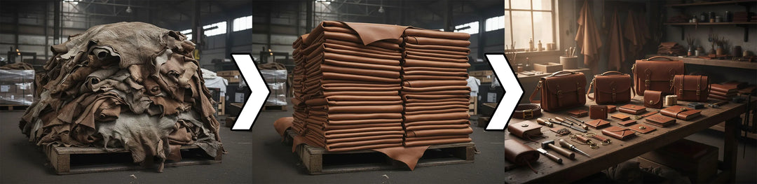 a pile of leather to a sorted pile then into leather products.