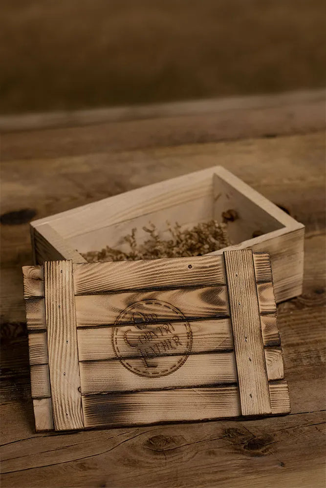 A open wooden gift crate