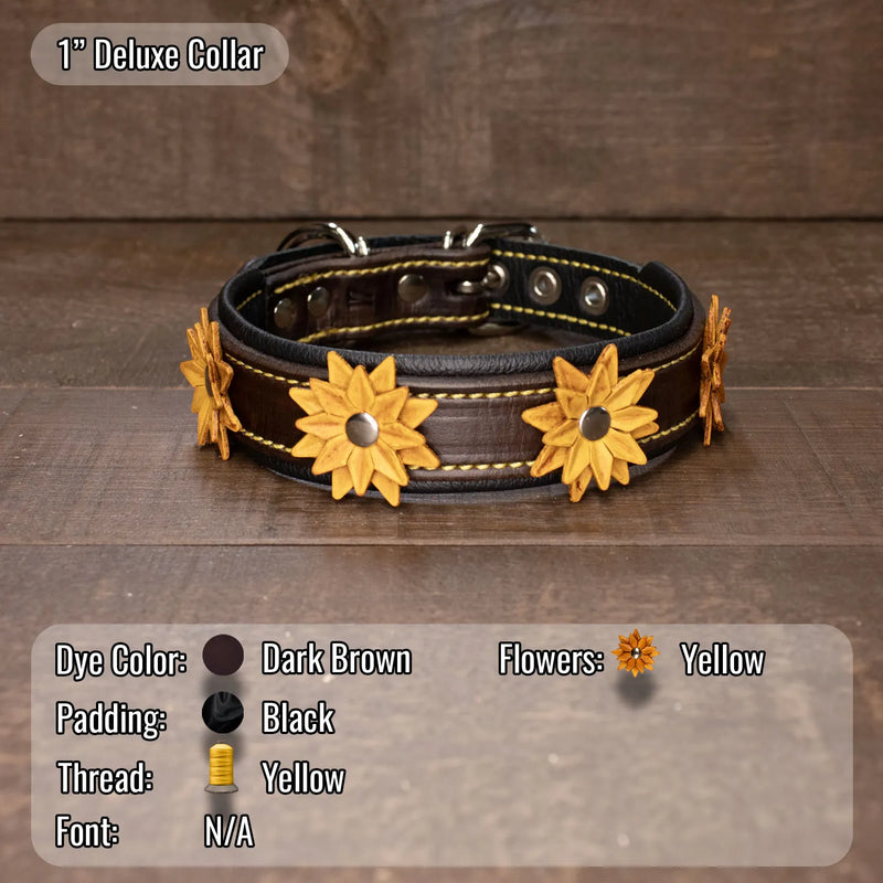 A dark brown leather dog collar with yellow stitching and large yellow flower-shaped decorations, displayed on a rustic wooden surface. An informational overlay at the bottom lists the color details: dark brown, black padding, yellow thread, and yellow flowers.