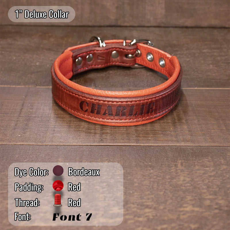 A brown leather dog collar with silver metal hardware, featuring the name 'CHARLIE' embossed on the front. The collar is displayed on a dark wood background, with informational overlays showing color details and customization options.