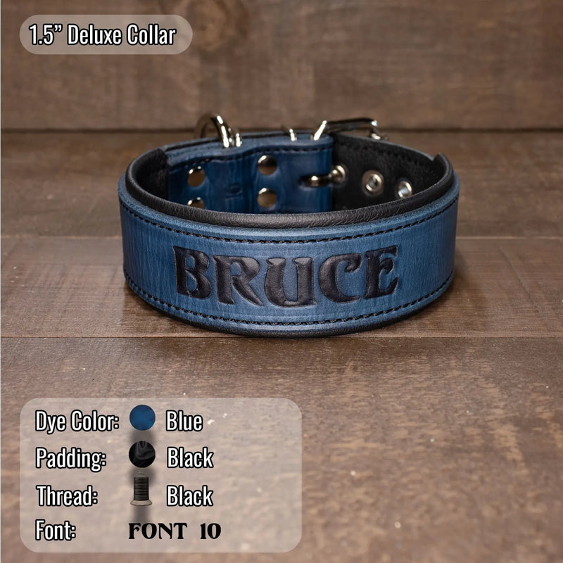 A blue leather dog collar with black leather trim, silver metal hardware, and the name 'BRUCE' embossed on the front. The collar is displayed on a wooden surface, with informational text overlays detailing the color, padding, thread, and font.