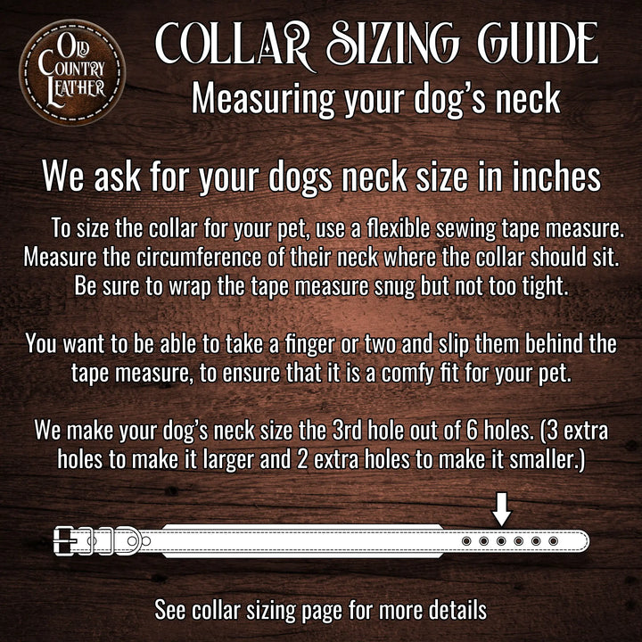 Collar sizing guide for dogs with text and measurement instructions on a wooden background.