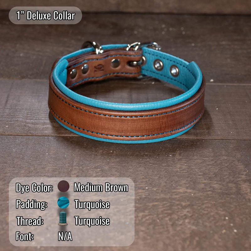 very popular medium brown leather dog collar with turquoise thread and turquoise leather padding color