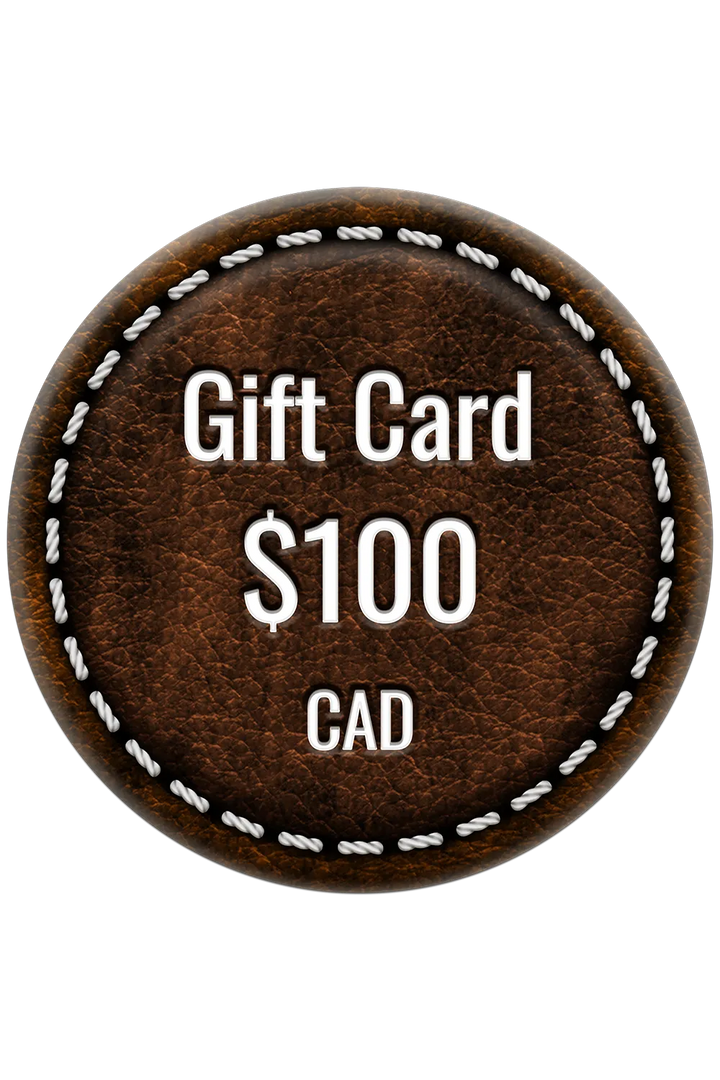 Brown leather gift card with 'Gift Card $100 CAD' text on a white background