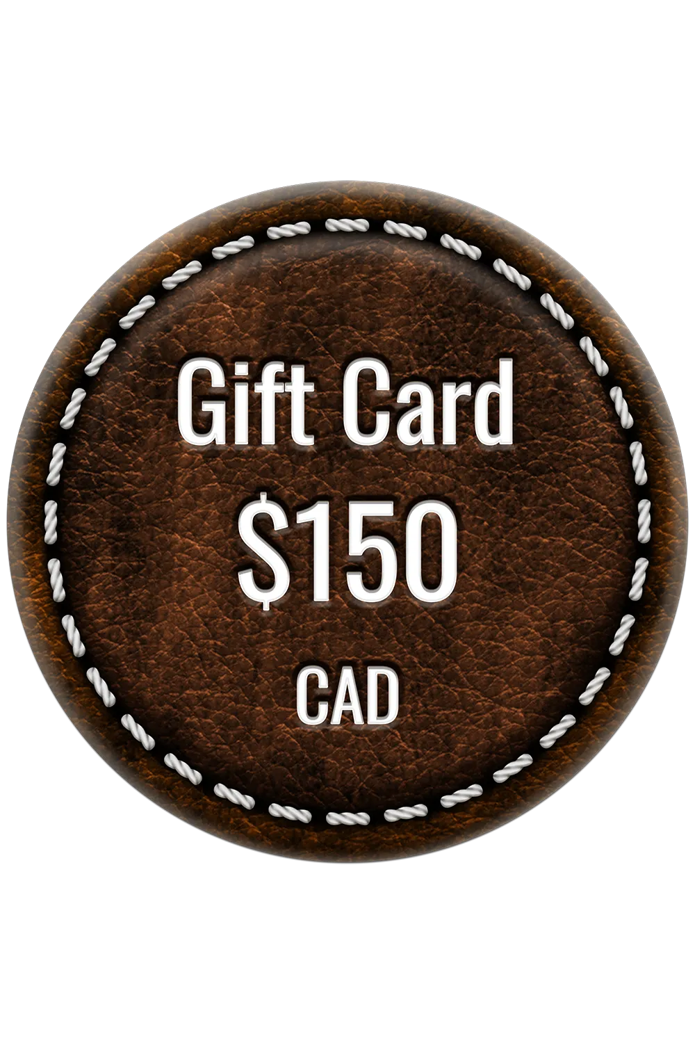 Brown leather gift card with 'Gift Card $150 CAD' text on a white background