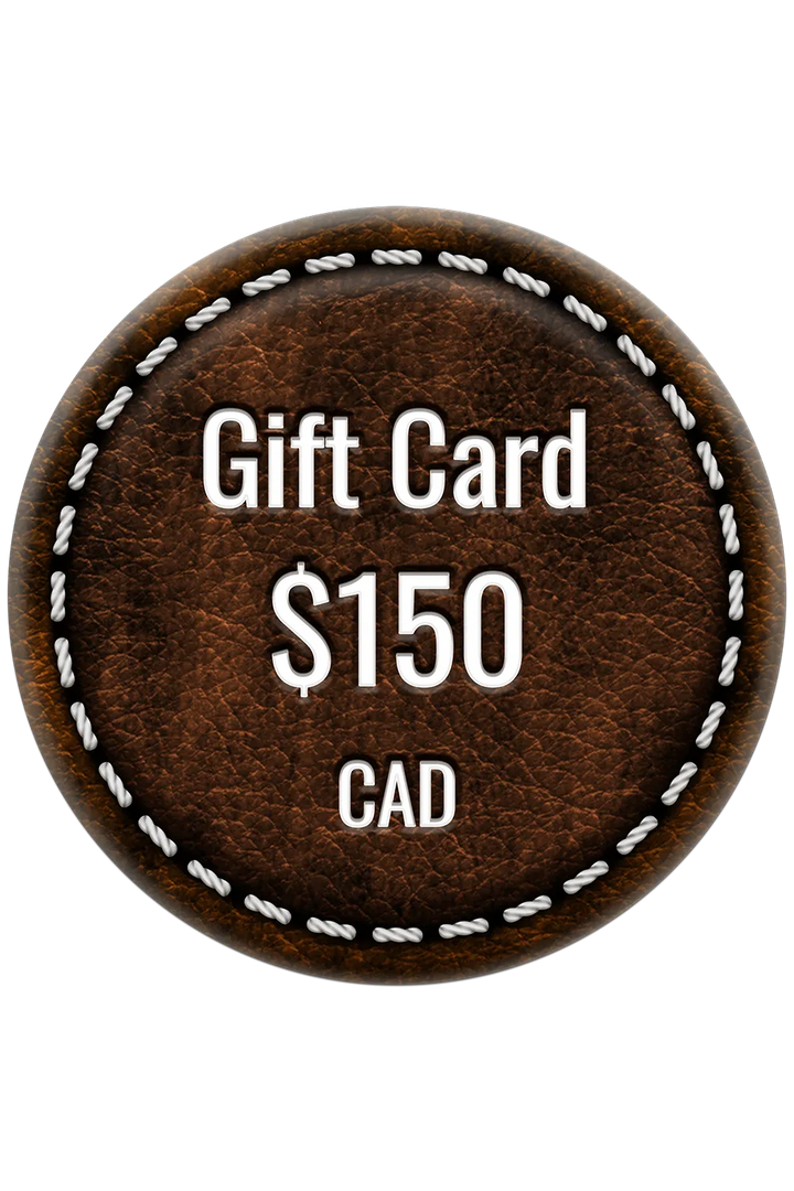 Brown leather gift card with 'Gift Card $150 CAD' text on a white background