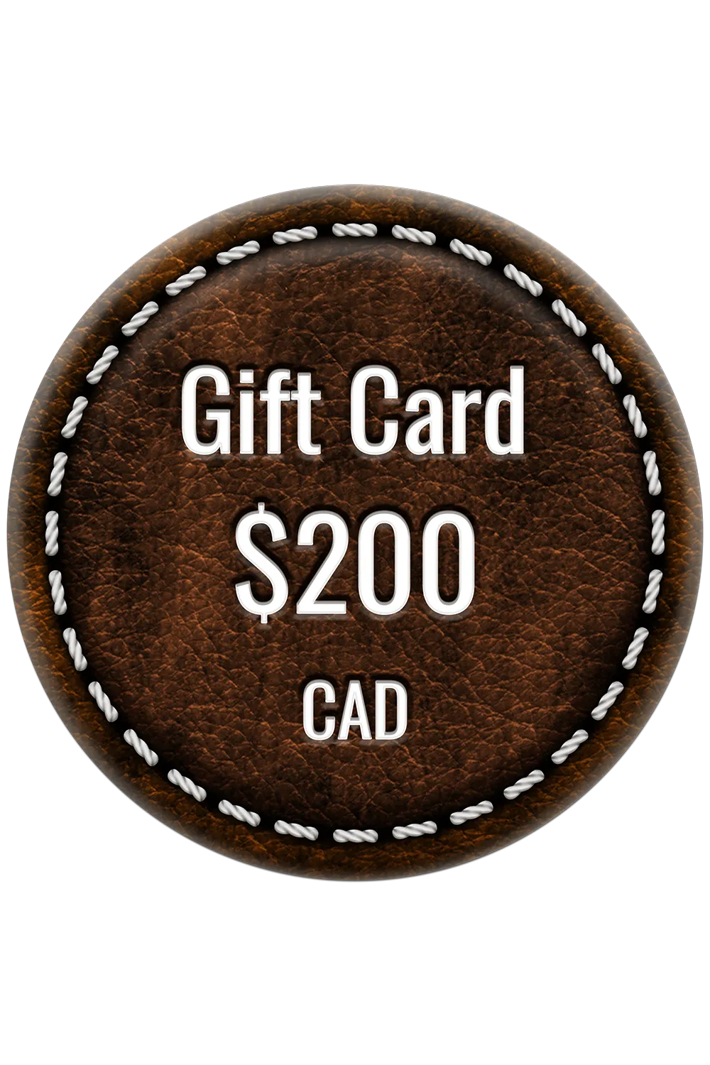 Brown leather gift card with 'Gift Card $200 CAD' text on a white background