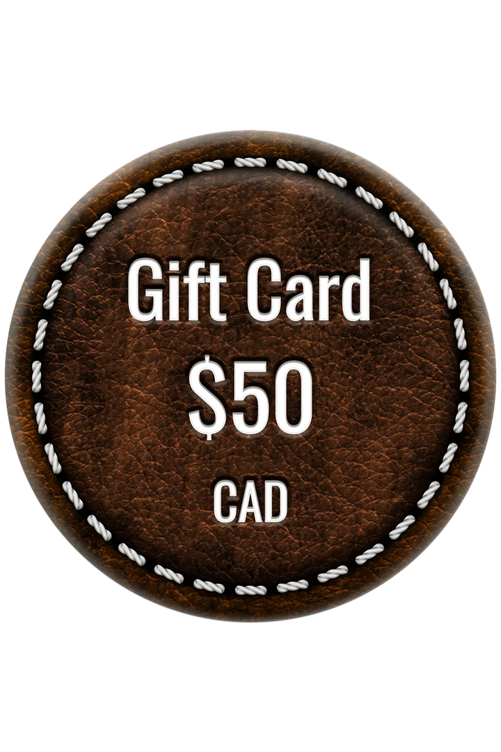 Brown leather gift card with 'Gift Card $50 CAD' text on a white background