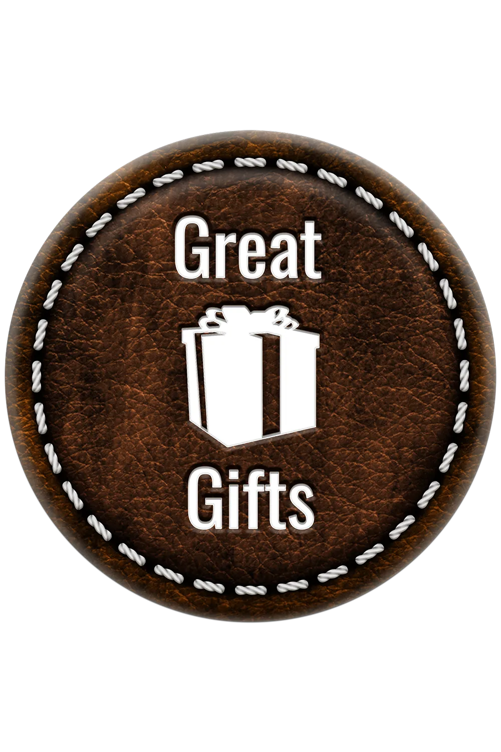 Round brown leather patch with 'Great Gifts' text and gift icon on a white background