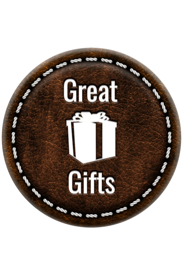 Round brown leather patch with 'Great Gifts' text and gift icon on a white background
