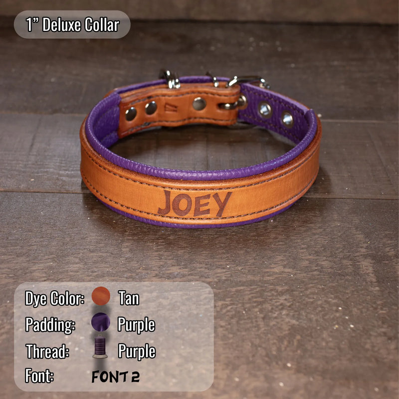 A tan and purple leather dog collar with silver hardware, featuring the name 'JOEY' embossed on the front, displayed on a dark wood background with a color specification overlay.