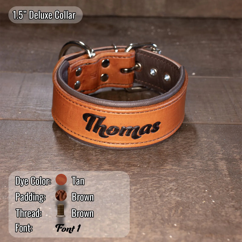 A tan leather dog collar with 'Thomas' embroidered in black script on the front,  with brown padding and brown thread displayed on a dark wooden surface. The image includes text overlays showing product details: '1.