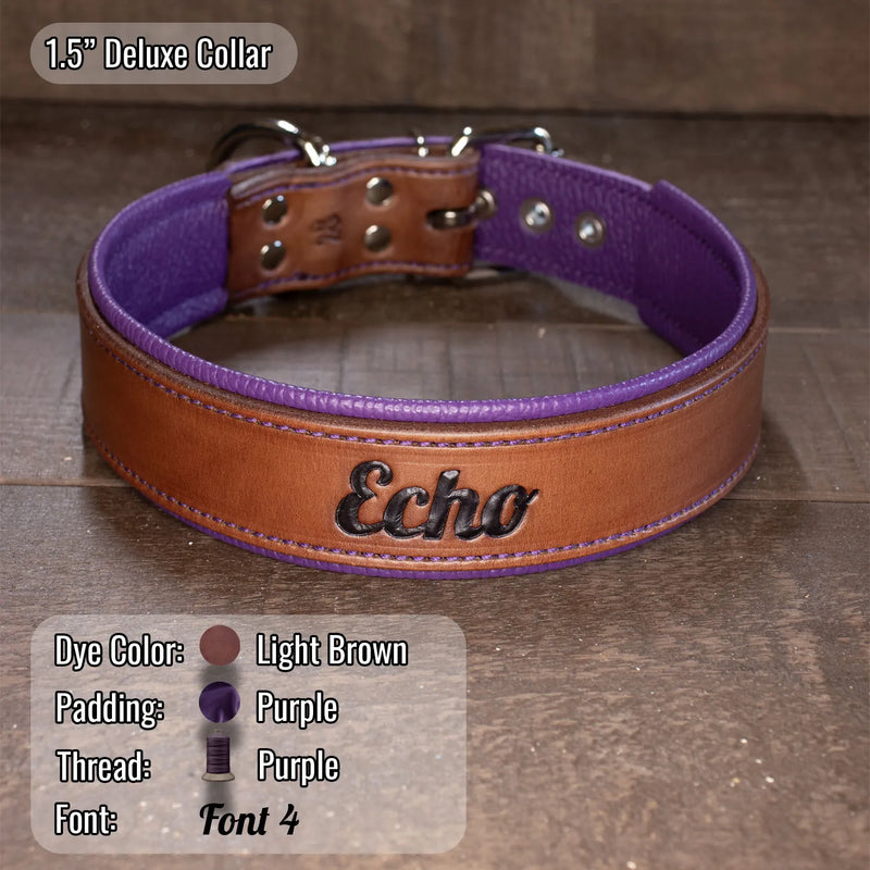 A 1.5-inch deluxe leather dog collar with a light brown outer strap, purple inner lining, and silver hardware.