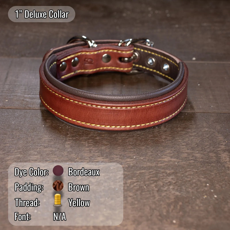 Bordeaux leather dog collar with brown padding and yellow thread