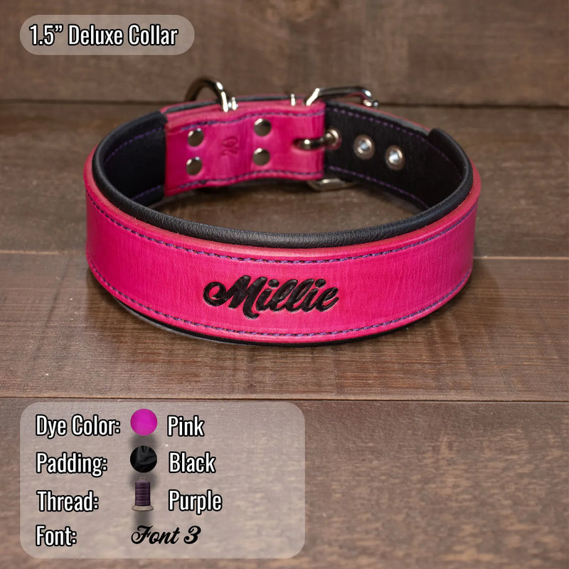 A custom pet collar shown on a wooden background, featuring a hot pink exterior with purple stitching, black interior padding, and a black embroidered name 'Millie'. The image includes text overlays specifying the collar's features and color details.