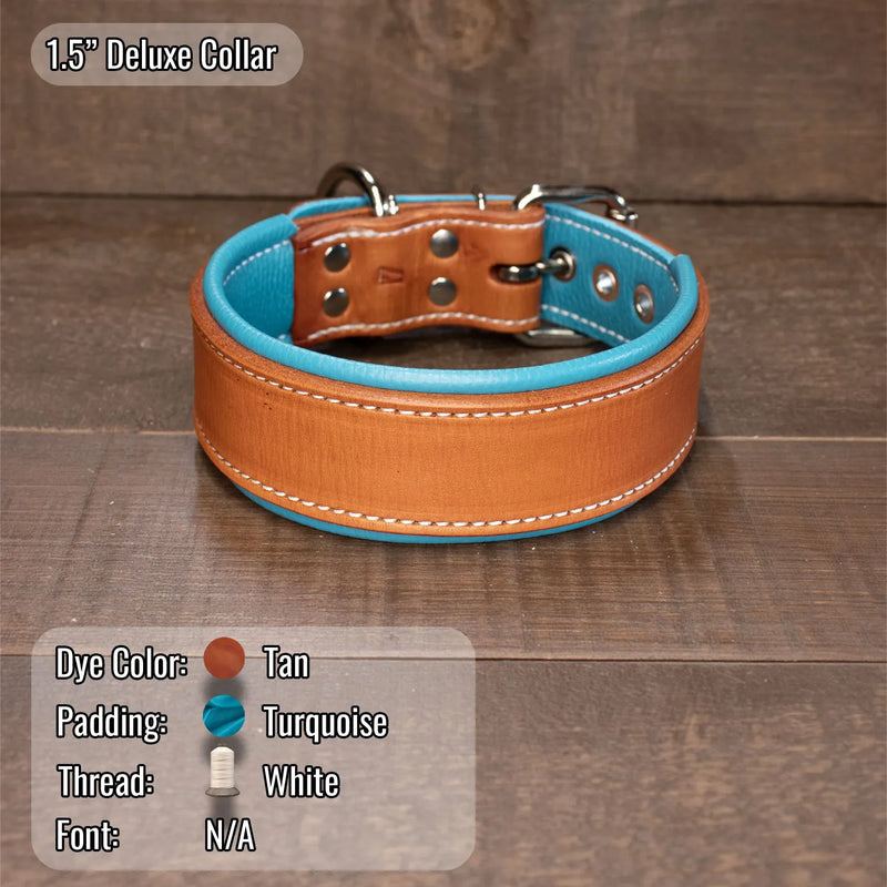 A tan and turquoise leather dog collar with white stitching and silver hardware, displayed on a dark wood background. Heavy duty hardware