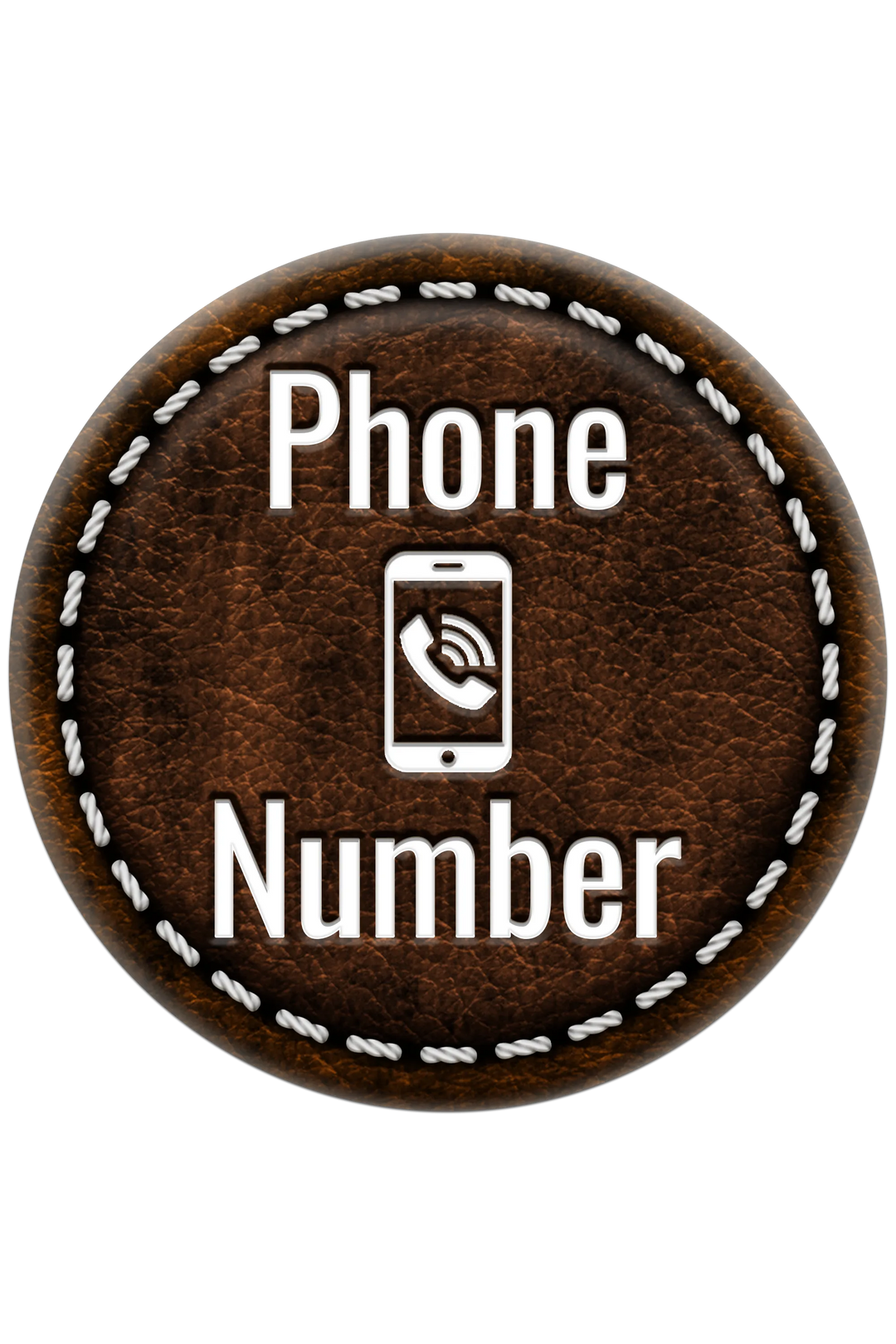 Round brown leather-like button with 'Phone Number' text and phone icon on a white background