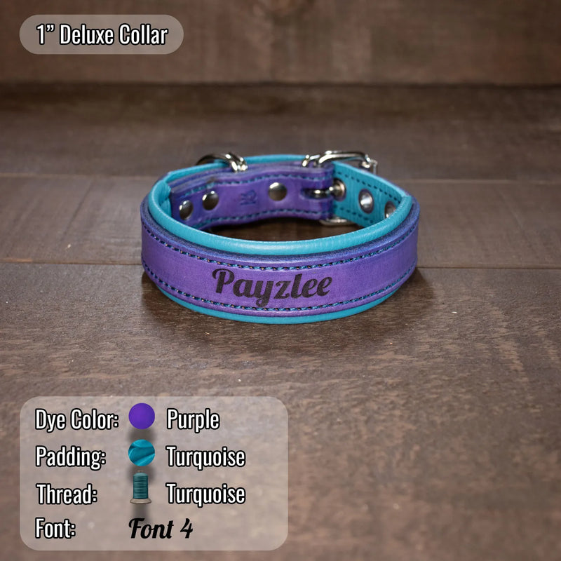 Purple leather dog collar with turquoise padding and turquoise thread