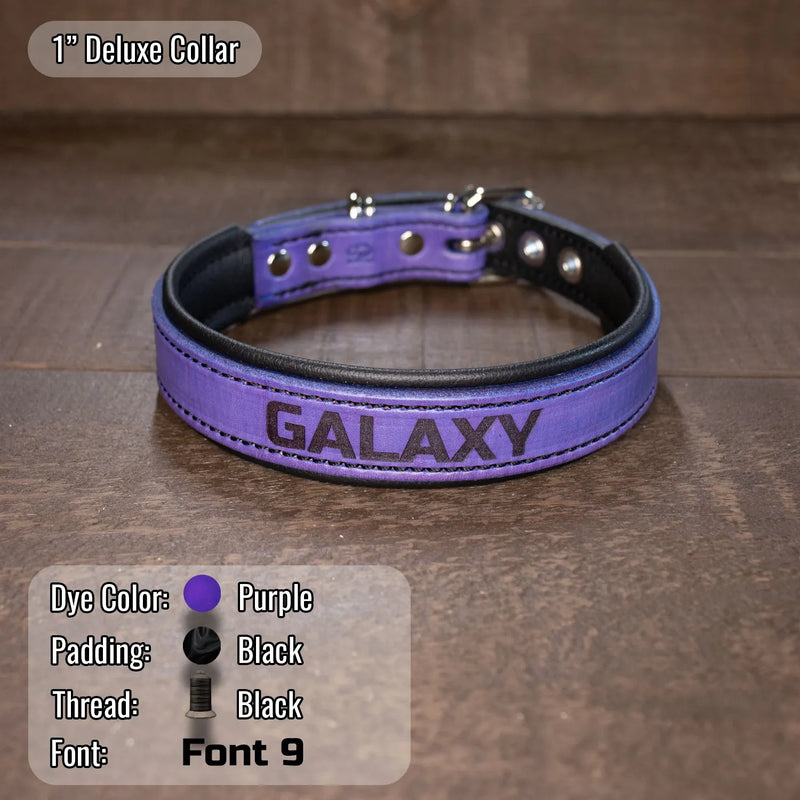 Purple collar with dogs name "galaxy" etched into collar with black padding and black thread.