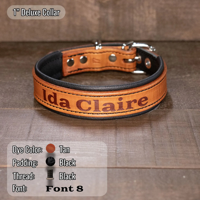 Tan collar with black padding and black thread and dogs name. Heavy duty hardware and eyelets