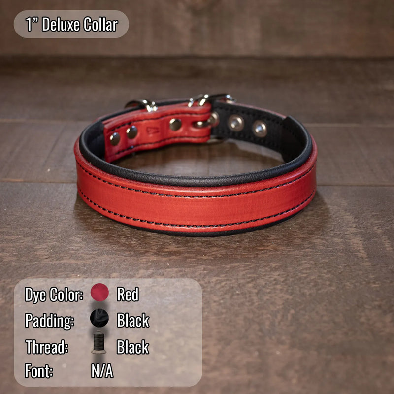 red dog collar with black thread and black comfort leather padding.