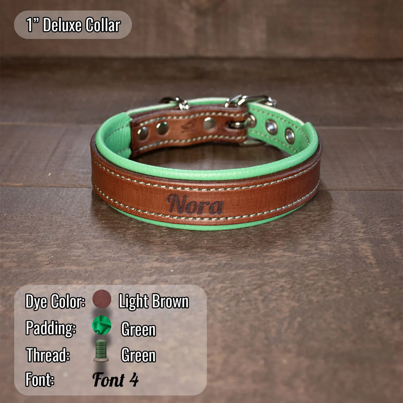 Light Brown collar with name on the collar with green thread and green padding and heavy duty robust hardware