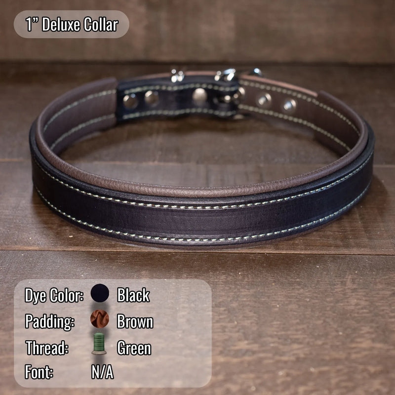 Black dog collar with brown leather padding and green thread. silver hardware