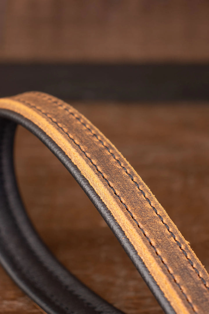 Close-up of a brown leather leash handle with visible stitching