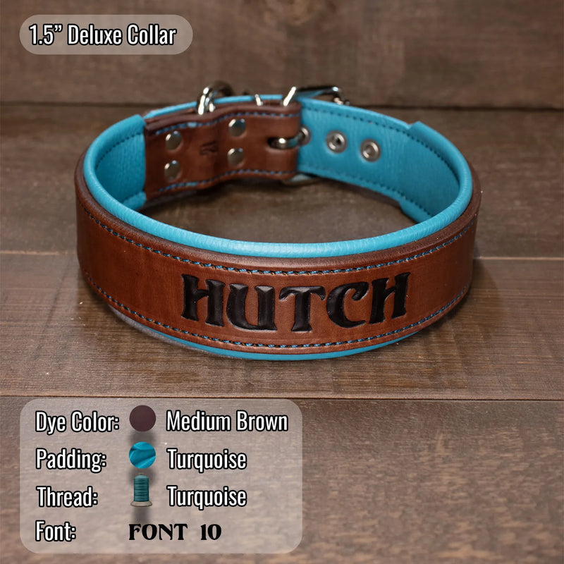 A custom leather dog collar with turquoise lining and brown leather trim, featuring the name 'HUTCH' hand carved embossed on the front. The collar is displayed on a wooden surface, with a color specification overlay at the bottom left detailing the colors: medium brown, turquoise, and turquoise thread.