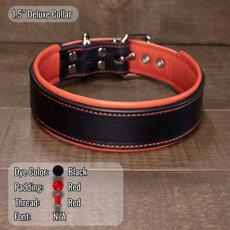 A 1.5-inch deluxe dog collar made of black and red leather with red stitching, displayed on a wooden background.