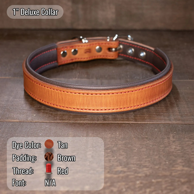 Tan dog collar with brown padding and red thread.