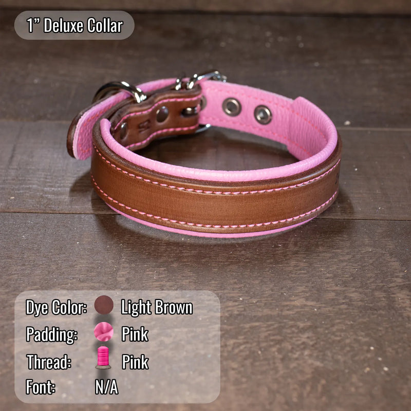 Light brown 1 inch wide collar with pink thread and padding, heavy duty eyelets and hardware