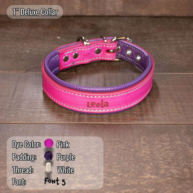 Pink Leather dog collar with white thread and purple padding and dogs name