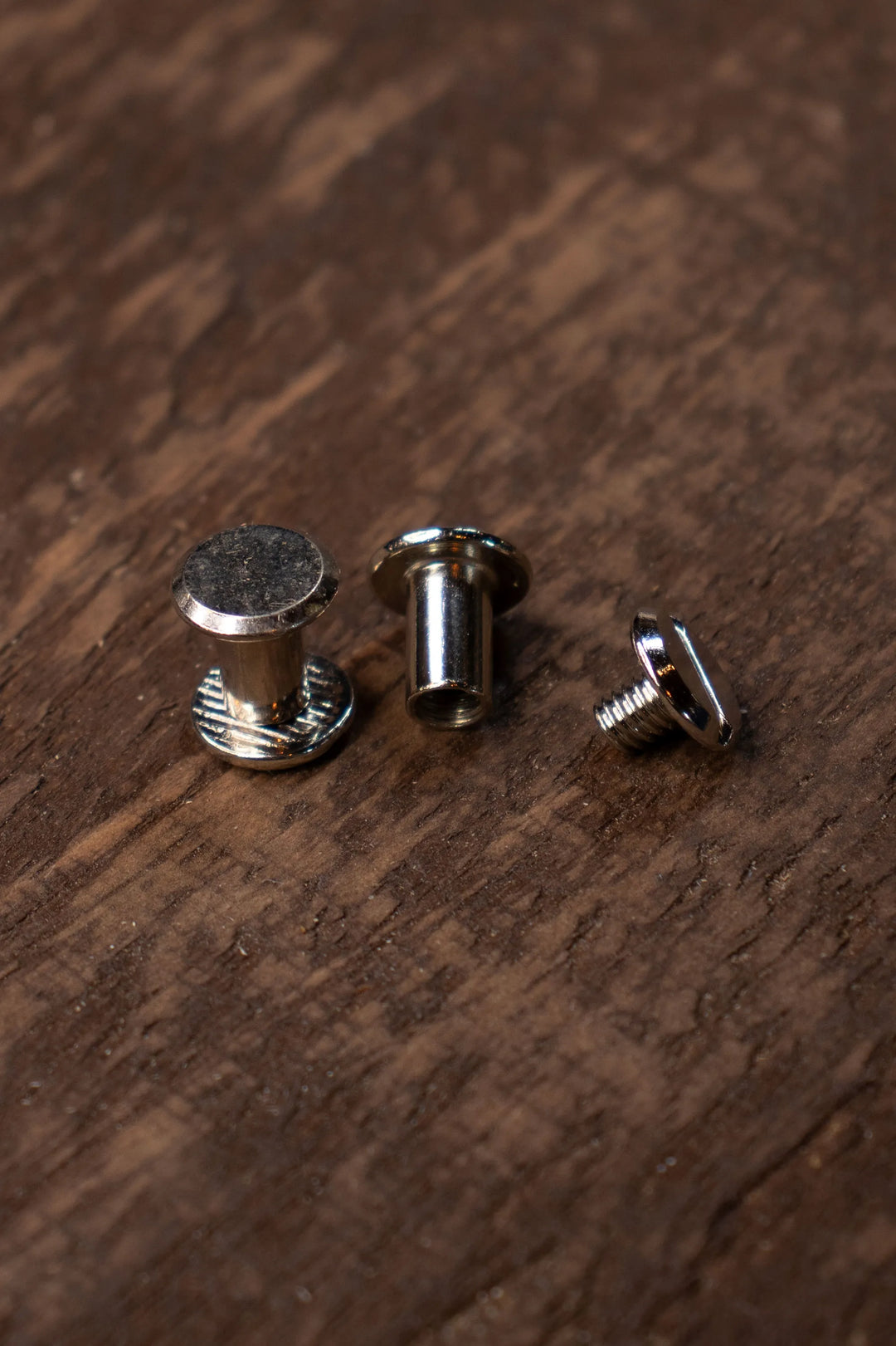 2 sets of Chicago screws, one shown fastened together the other apart.