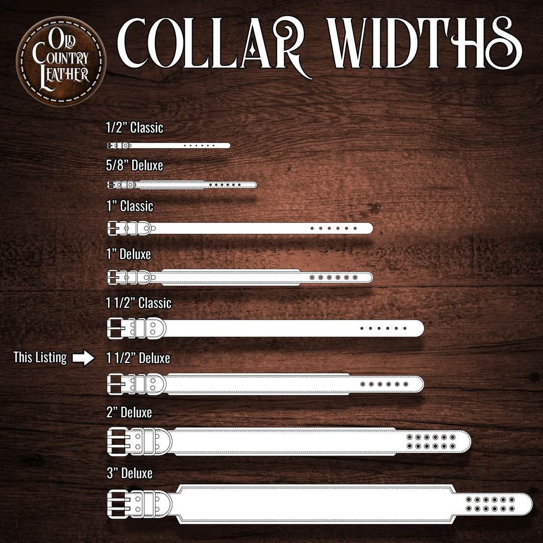Collar width chart on a wooden background with Old Country Leather branding.